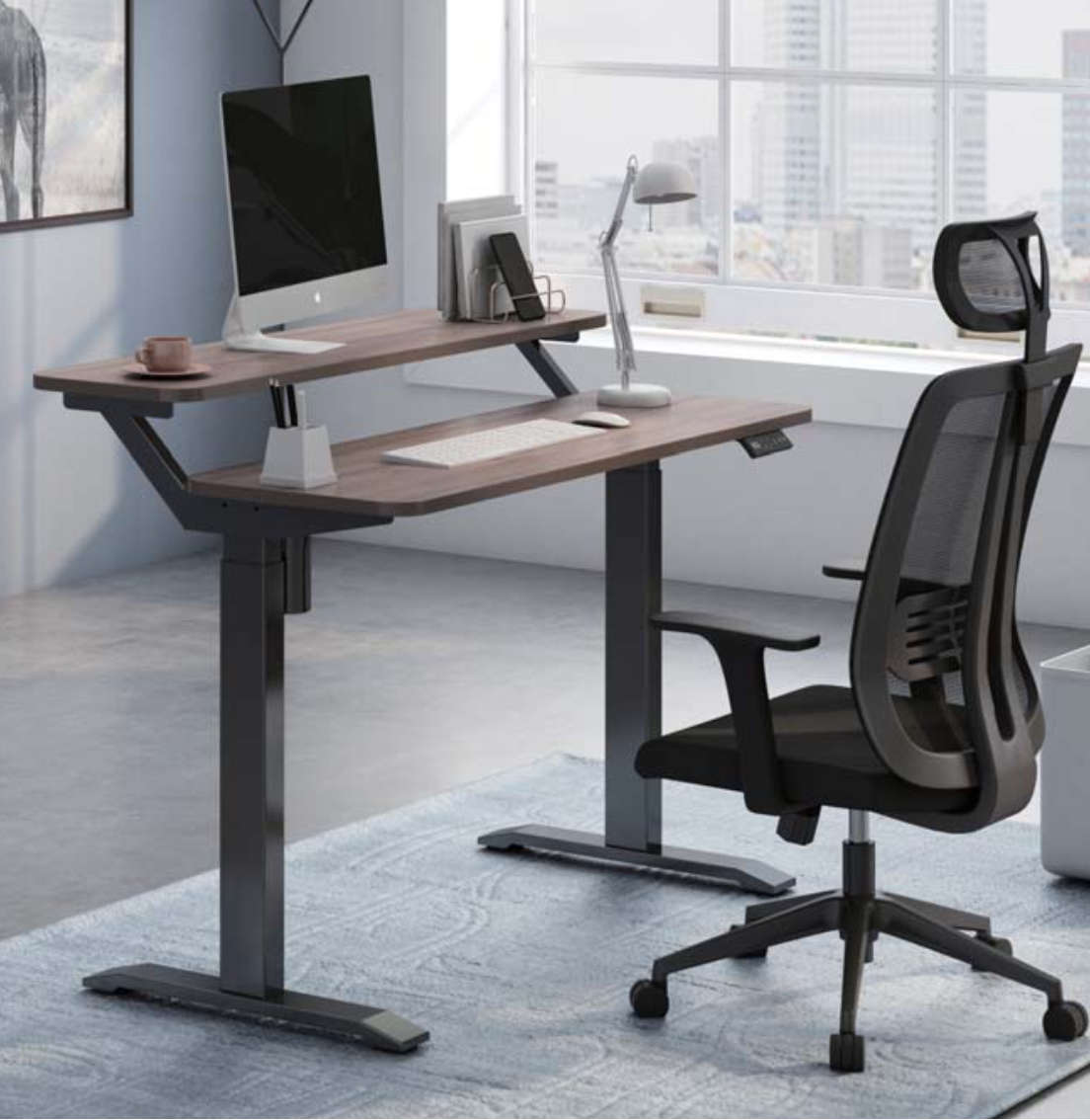 Height Adjustable Two Tier Electric Standing Desk Table 